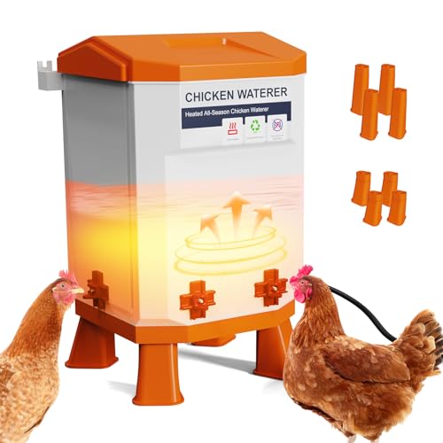 Heated Chicken Waterer, Thermostatically Controlled Poultry Water Heater for Winter, 4 Horizontal Nipples and 8 Support Legs, Anti-Freezing Watering System for Coop Accessories (7L-Red) (Orange, 12L)
