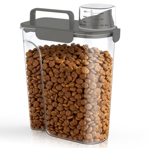 Uppetly Dog Cat Food Storage Container, 5-7Lbs Pet Food Containers, Airtight Cat Food Container with Portable Handle & Measuring Cup, Small Animal Dry Food Dispenser for Dogs, Cats and Birds Grey - color: Grey