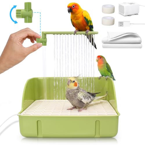 Automatic Parakeet Bird Bath with Pump & Control Valve for Tame Birds | Large Bird Shower Fountain Indoor Bathtub, Parrot Bath Tub Faucet for Pet Birds, Cockatiel, African Grey, Conure, Lovebird - color: Green with Control Valve