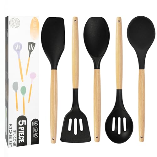 Non-Stick Silicone Cooking Utensils Set, 5 Pcs with Wooden Handle, Heat Resistant Silicone Kitchen Gadgets (Black) - color: 5 PCS Set Black