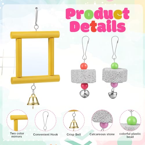 Chicken Toys for Coop, Chicken Enrichment Toys Hanging Swing Mirror with Bells and Beak Grinding Molar Stones, Chickens Mirror Toys for Coop Roosters Hens Birds Parrots(Yellow)