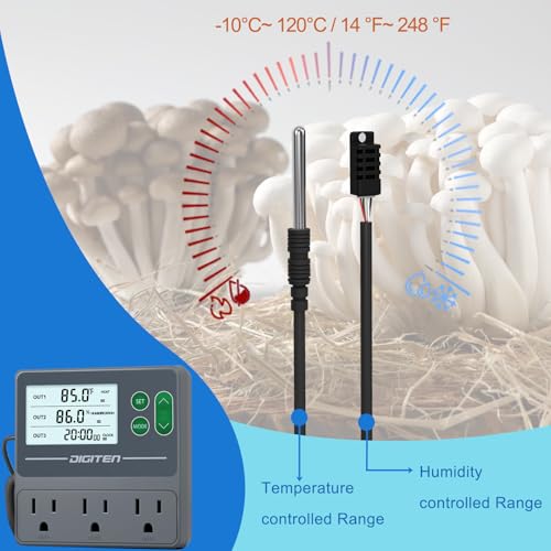 DIGITEN Temperature and Humidity Controller with Timer,3 Outlet Dual Probes | 3-Stage Outlet Control Temp,Humidity & Timer Separately,Digital Thermostat Outlet for Reptile,Aquariums,Mushroom,Greenhouse