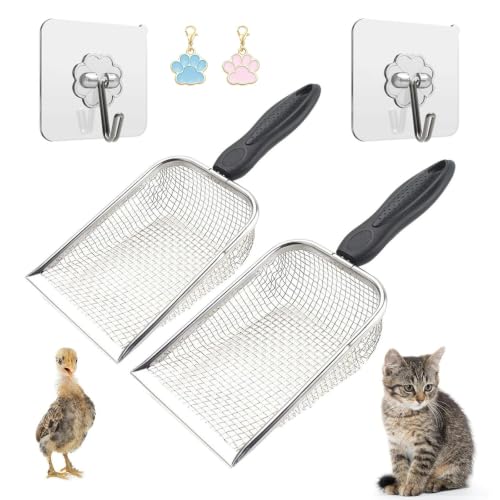 Chicken Poop Scooper for Coop, 2 Pack Chicken Coop Shovel | 0.15 Inch & 0.2 Inch Mesh, Metal Chicken Coop Rake and Scoop Tool, Sifting Shovel for All Litter Types, Anti-Slip