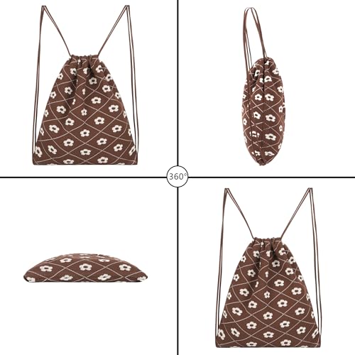 Lobagve Drawstring Backpack Boho Purse Leisure Daypack Yoga Sport String Bag - color: Flower—dark Red&khaki