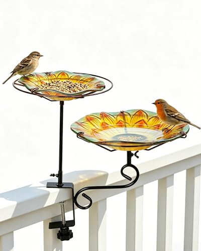 Glass Deck Mounted Bird Bath with Feeder for Balcony Yellow | Adjustable Clamp Fits Various Railings, 11" Bowl for Bird Lovers on Patios & Small Outdoor Spaces, Easy Setup, Great Gift