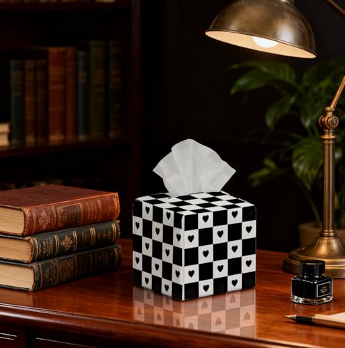 Checkerboard Heart Tissue Box Cover, PU Leather Holder Decor for Living Room/Bathroom/Kitchen, Gift for Style-Focused Homeowners, Gift for Goth Alternative Style Lovers & Self - Expression. - color: White Decoration Theme-04