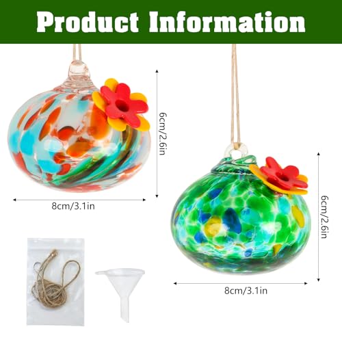 2 Pcs Blown Glass Hummingbird Feeder for Outdoors Hanging | Ant & Bee Resistant Window Bird FeederHandmade Garden Decor Gift for Women - Small Round Green Red Glass Feeders Bundle - color: Ellipse A2