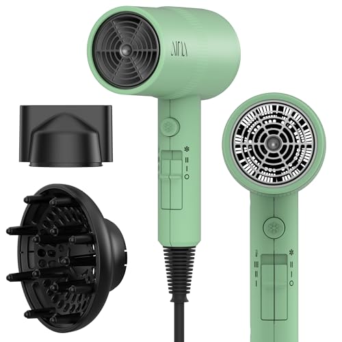AINA Diffuser Hair Dryer Full-Featured Blow Dryer 110V/1600W(Jade Green) | 3 Heat/2 Speed;Cold shut button;Lightweight;Compact Size;High Temp;Low Airflow;Same Results;Less Expense - color: Jade Green, size: 3 Piece