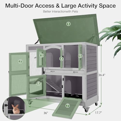 47.2" Two-Story Rabbit Hutch with Wheels, Indoor Outdoor Bunny Cage with Openable Viewing Window & Leakproof Sliding Trays, Wooden Small Animal House with Ramp, for Rabbits-(Grey) - color: Grey-AIR06