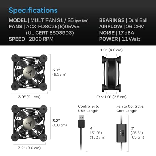 AC Infinity MULTIFAN S5, Quiet Dual 80mm USB Fan, UL-Certified for Receiver DVR Playstation Xbox Computer Cabinet Cooling | For Receiver DVR, PlayStation, Xbox, Computer, Cabinet Cooling - size: S5