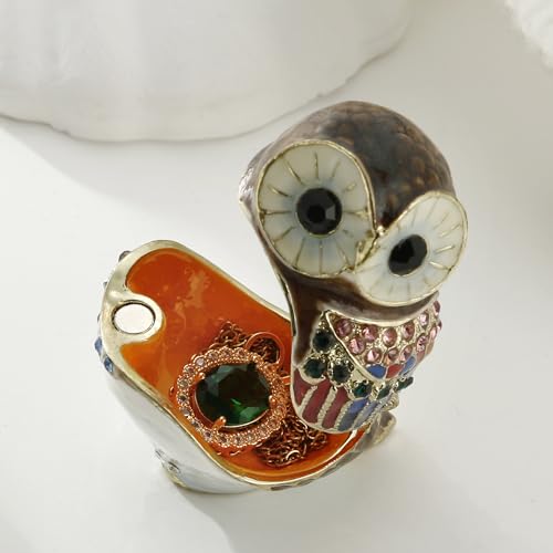 Hand Painted Enamel Owl Trinket Box, Hinged Unique Mini Ring Necklace Jewelry Organizer, Classical Bejeweled Storage, Figurine Collectible Keepsake Home Decor (Mini Owl) - color: Wise Owl