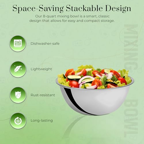 OCS Parts 2-Pack 8 Quart Mixing Bowls |13.25-Inch Stainless Steel Bowls | Professional Grade Flat Base Mixing Bowls for Home and Commercial Kitchens