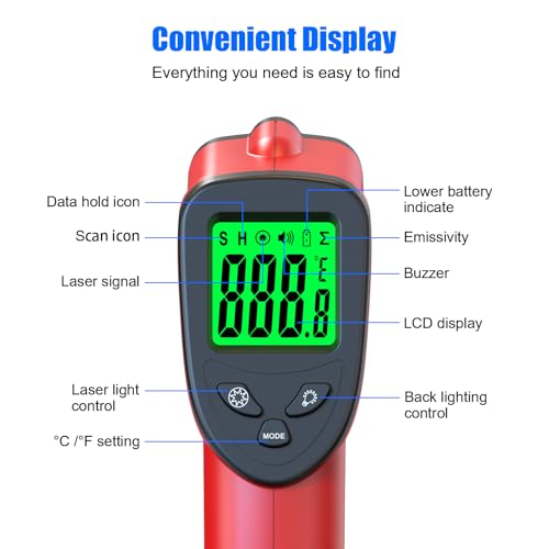 Digital Infrared Thermometer Gun -58℉ to 1022℉ (-50℃ to 550℃), Adjustable Emissivity, Laser Temperature Gun for Cooking, BBQ, Oven, Engine, and Industrial Use (Not for Human Body) - color: Red
