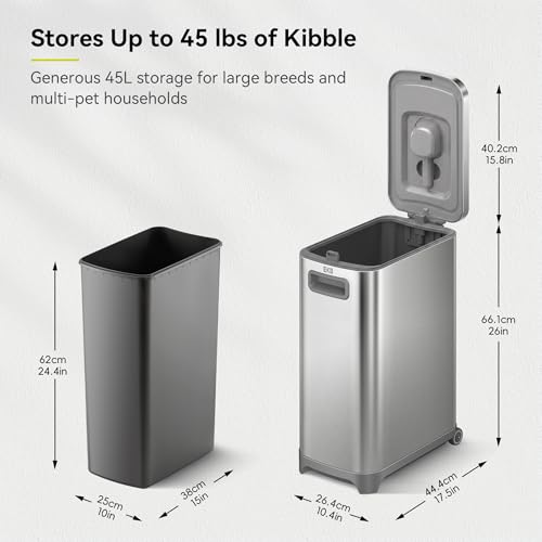 EKO 45 lb Airtight Dog Food Storage Container, Stainless Steel Pet Food Container for Kibble, Cat Food & Bird Seed, Lockable Lid, Magnetic Scoop, BPA-Free Inner Bucket, Wheels