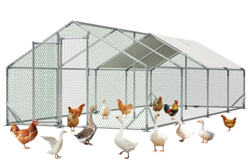 Metal Chicken Coop 26x10x6.56ft Extra Large Walk-in Poultry Cage for 20-40 Chickens Chicken Run Hen Rabbit Duck House with Waterproof Cover for Outdoor Farm Use - size: 312.0"L x 120.0"W x 78.7"H