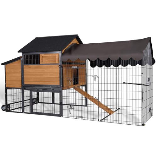 GUTINNEEN Large Chicken Coop with All Around Metal Frame Mobile Hen House with Wheels Weatherproof Duck House with Nesting Box, Outdoor Run, Perch, Leakproof Tray for 6-8 Chickens 85" L - size: 85.6"L x 48.2"W x 48.2"H