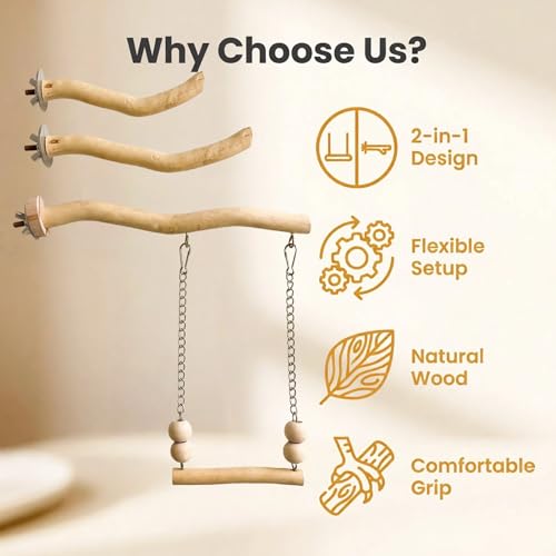 Bird Perch and Swing Set for Small Birds, Natural Wood Cage Accessories | 2-in-1 Integrated Perch with Hanging Swing for Budgies, Parakeets, Cockatiels & Lovebirds, Encourages Climbing & Activity - size: Medium