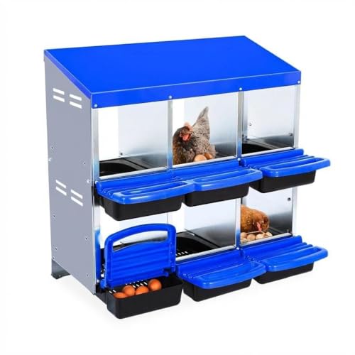 Chicken Nesting Box,Chicken Laying Boxes with 3 Compartment Metal Stainless Steel,Chickens Egg Laying Nest Boxes with Rollout Egg Collection,Chicken Brooder Box with Perch, Blue - color: Blue, size: 6 Holes