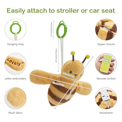 Baby Hanging Flying Bird Musical Toys for Stroller Car Seat Crib Play Gym | Ages 0-36 Months, Tummy Time, Sensory Music Toys, Plush with Clamp, Boys and Girls, Flapping Wings Bee/Birds Toy - color: Yellow Bee