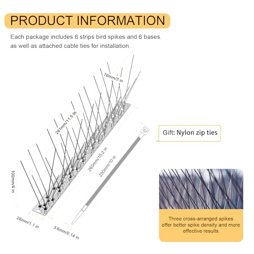 OFFO Bird Spikes with Stainless Steel Base, 6 Pcs Covers 5.1 Feet(1.56m) Durable Pigeon Spikes Arrow Pigeon Spikes Fence Kit for Keeping Small Bird, Crows and Woodpeckers Away - size: 5.1 Feet