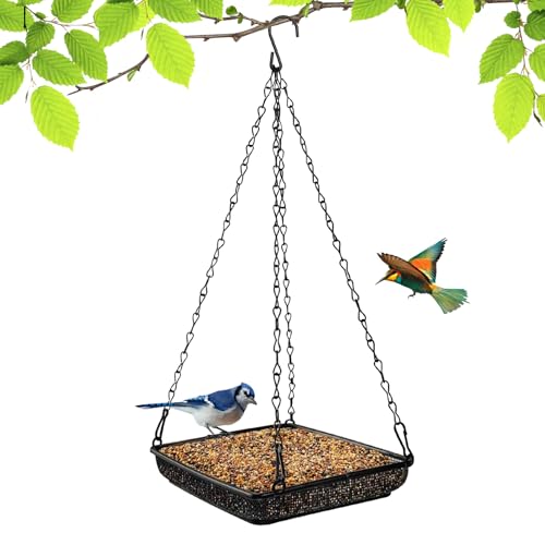 Hanging Bird Feeder Tray Metal Mesh Platform Seed Feeder with Durable Chains for Outdoors Garden Great for Attracting Birds (1 Pack) - size: 6.9"*6.9"-1pack