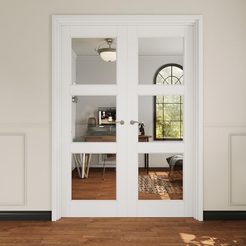 36x80 Interior French Door,3-Lite Clear Glass Doors,Living Room Doors | Satin Nickel Hardware-Privacy Door Lever w/ Lock, Latch&Hinges, Solid Core,Tempered Glass,No PreDrill,Jamb Assembly Required - color: 3-Lite, Silver Hinges, size: 36x80 for 38x82 open