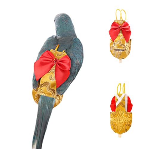 Escape-Proof Adjustable Parrot Flight Suit with Chinese Brocade Bow, Reusable Washable Bird Diaper Clothing for Cockatiels, Parakeets, Monk Parrots, Sun Conures & Mini Macaws (Yellow Nylon-M) - size: Yellow nylon-M