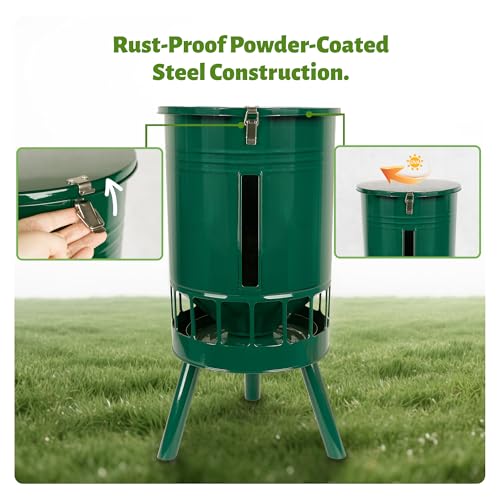 KOL 50LB Metal Chicken Feeder - No Waste, No Clog Design with 16 Ports & Smooth Gravity-Flow, Powder Coated Rust-Proof for Coop Use (Green) - color: Green