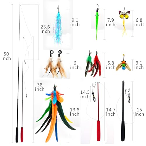 miwoowim 2PCS Retractable Cat Teaser Wands & 9PCS Feather Refills Toy Set | Dual-size telescopic rods (50" & 38"), da bird feather attachments with bells replacement,interactive fishing pole toys - color: 11 PCS Retractable Wand Toy