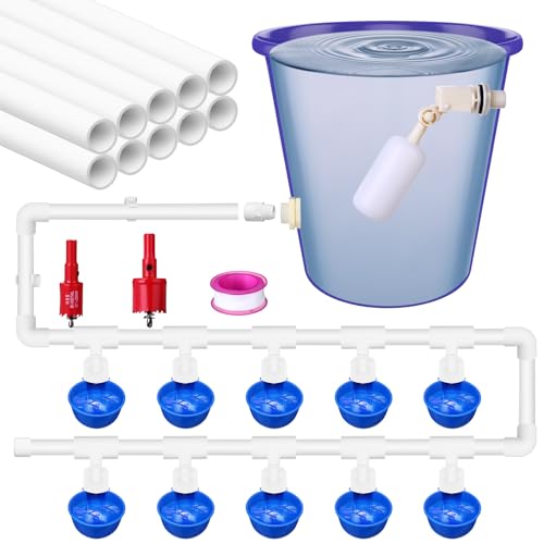 49 Pcs Automatic Chicken Waterer System Includes Chicken Water Cups 1/2" PVC Tee Fittings, PVC Pipes with Float Valve Controlled Fitting Poultry Waterer Chicken Water Feeder