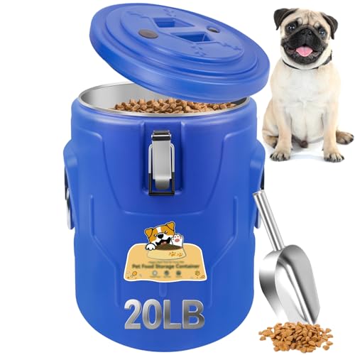 Newget 20lb Airtight Stainless Steel Dog Food Storage Container with Scoop | Airtight, Sturdy, Moisture-Proof, Large Metal Cat & Dog Food Container with Lid, Prevents Pets from Opening, Easy to Clean - size: 20 lb