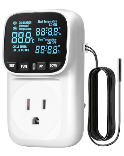 Digital Temperature Controller Outlet, 15A/1800W Heavy Duty Thermostat Plug, VA LCD Display, Heating/Cooling Control, -40°F~210°F, 4 Timer Modes, for Greenhouse Incubator Homebrew W02TC06 - color: White-16.4ft
