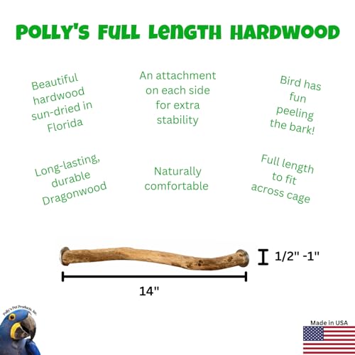 Polly's Full Length Hardwood Cage Perch for Parakeets, Cockatiels, Cockatoos, Macaws, and Other Birds (14") - size: 14"