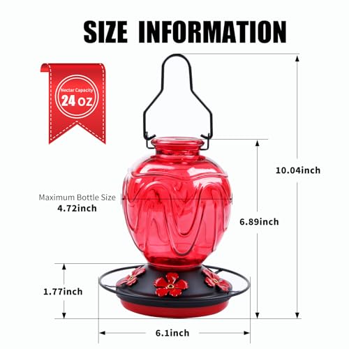 2 Pack Glass Hummingbird Feeder for Outdoors Hanging, 24Ozs Humming Bird Nectar Feeder w/Perch, 5 Flower Feeding Ports, Leak Proof Base and Hook for Outside Garden Backyard Decor, Red - color: Red-2