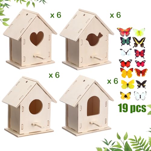 Outus 24 Pcs Wooden DIY Birdhouse Kits for Kids to Build, 4 Shapes Birdhouse Kit Wooden Unfinished with Butterfly Sticker for Boy Girl Arts Crafts(Lovely) - style: Lovely
