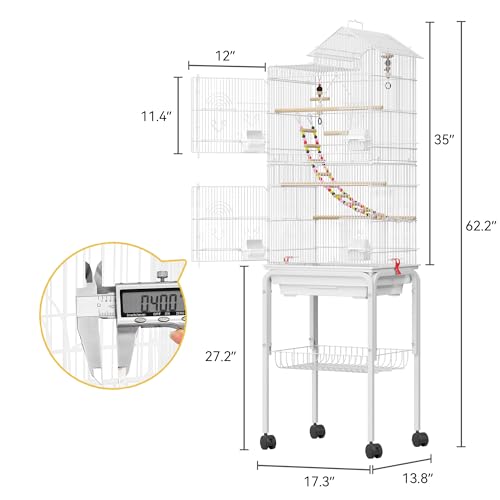 DWVO 62-inch Metal Bird Cage for Cockatiels, Parrots, Pigeons | Bird Cage for Cockatiels, Parrots, Pigeons, Lovebirds, Features Roof Access and Rolling Stand, White - color: White