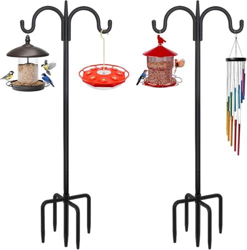 Small Shepherds Hook 2 Pack 63" Double Hooks Adjustable (47/63") - Metal 5-Prong Base, 12lb Capacity - Easy Assembly Bird Feeder Pole for Hanging Planters, Lanterns, Wind Chimes - color: 2-Pack, size: 63" Double Hook