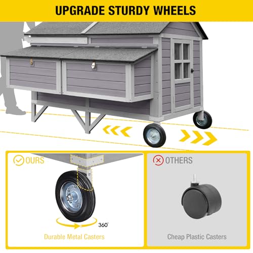 Mobile Chicken Coop with Wheels, Large 16.4ft² Chicken House for 6-8 Chickens, Weatherproof Chicken Tractor, with Nesting Boxes & Foldable Ramp, Easy Clean with Pull-Out Metal Trays - color: Grey, size: 68.1"L x 41.3"W x 49.0"H