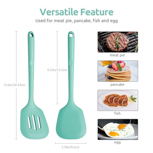 U-Taste 600ºF Heat Resistant 13.6in Long Solid & Slotted Silicone Turner and 600ºF Heat Resistat Silicone Flexible Baking Spoon Spatula & Cooking Scoop Spoonula (Aqua Sky)