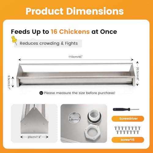 Chicken Feeding Trough 45" Large Capacity with Drainage Holes & Crossbar | Stainless Steel Chicken Feeder Trough Poultry Feeder Trough for Chicken,Duck,Geese,Turkey Coop Accessories Supplies
