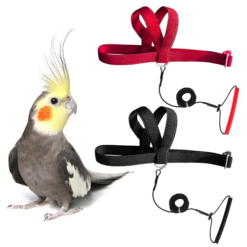 VANFAVORI Adjustable Bird Harness with 80-inch Leash, S Size, 2 Pack | For Bird Parrot Cockatiel and Similar Parrots 70-120 g. Includes 2 harnesses, Black and red, and 2 Leashes for Outdoor Flying
