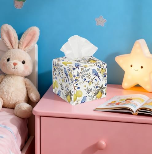 Watercolor Bird & Fruit Tissue Box Cover, PU Leather Holder with Blue Bird/Lemon Pattern for Living Room/Bathroom/Bedroom/Kitchen, Gift for Housewarming & Nature-Loving Homeowners - color: White Decoration Theme-06