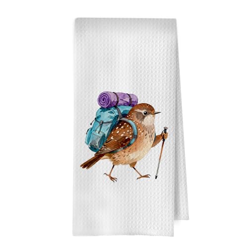 Bird Gifts Kitchen Towels - Funny Bird Decorative Waffle Dish Towels, Backpacking Birding Gifts Hand Towel, Wren Tea Towel, 16x24 Inch - color: Backpacking Bird