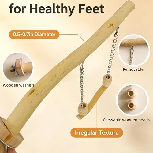 Bird Perch and Swing Set for Small Birds, Natural Wood Cage Accessories | 2-in-1 Integrated Perch with Hanging Swing for Budgies, Parakeets, Cockatiels & Lovebirds, Encourages Climbing & Activity - size: Short