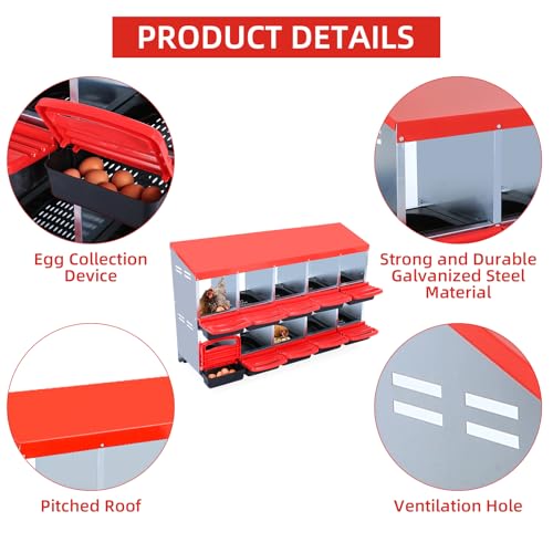 GarveeHome 2-Tier Chicken Nesting Box, 10 Compartment Metal Chicken Laying Boxes with Waterproof Roof ＆ Removable Trays for Hens, Poultry，Easy Egg Collection - color: Red, size: 10 holes with legs