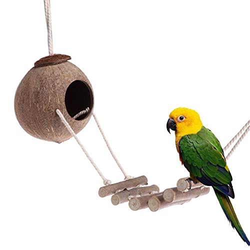 9-Piece Parakeet Toys & Budgie Toys, Bird Cage Accessories Set | Natural wood bird toys include coconut hideaway, swing, ladder, perch, mirror and hanging toys for budgies & cockatiels