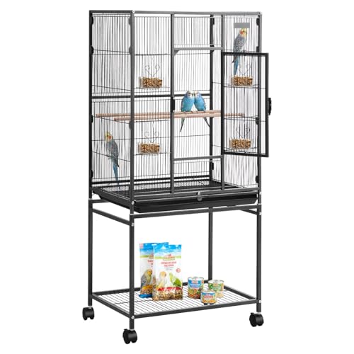 VEVOR Bird Cage, 24.6 x 16.7 x 53.9 inch, Flat Top, Wrought Iron Bird Flight Cage with Perches, Slide-Out Tray and Plastic Feeders, Casters, for Parrot, Blue Tit, Cockatiel, Canary, Budgerigar, Conure - size: 24.6"L x 16.7"W x 53.9"H