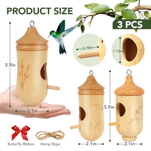 Hummingbird House, Small Hummingbird Houses for Outside | Wooden Bird House with Bow, String, Cute Gardening Gifts Home Decoration - color: Style-1, size: 3 Pack