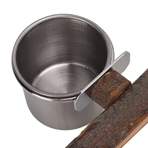 Stainless Steel Bird Feeding Bowl with Wooden Perch for Parakeets, Budgies, Lovebirds and Parrots