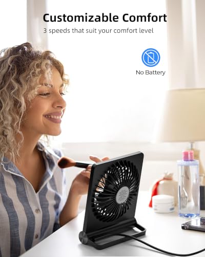 Koonie USB Desk Fan, Strong Wind Ultra Quiet Small Mini Fan | 220° Tilt Folding & 3 Speeds Adjustable, USB-C Powered Personal Fan for Home Office Desktop, Black, NO BATTERY - color: black, size: 5.7 inch